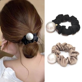 Fuyunohi Hair Rubber Scrunchie Pearl, Black Hair Accessories, Hair Accessories, Hair Rubber Set of 2, Non-marking Hair Ornament, Pearl Hair Scrunchy, Stylish, Cute, Pearl, Korean Style, Flashy,
