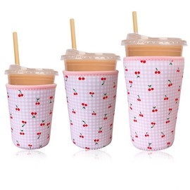 Reusable Insulated Neoprene Iced Coffee Cup Sleeve, Durable Drink Sleeve for Cold Beverages, Beverage Holder for Iced Coffee, Pink Cherry