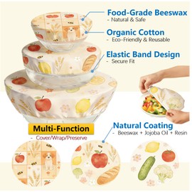 3 Pcs Beeswax Bowl Covers for Bread Proofing, Reusable Sourdough Bowl Covers with Adorable Patterns, Elastic Food Covers Stretch to Fit 8,10,12 Inch Bowls, Eco-Friendly Alternative to Plastic Wrap