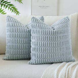 OTOSTAR Decorative Throw Pillow Covers 16 x 16 Inch Soft Corduroy Cushion Covers Boho Striped Square Pillow Cases for Couch Bed Home Sofa Car Farmhouse Decor Set of 2 (Blue Grey)