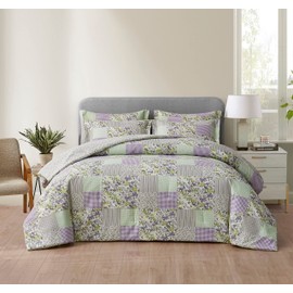 Chezmoi Collection Daisy 3-Piece Printed Patchwork Comforter Set - Purple Butterfly Botanical Candy Stripe Checkered - Microfiber Lightweight Reversible Bedding, Full Size