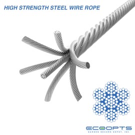 ECOOPTS 164 FT Stainless Steel Wire Cable with 8 Wire Clips, 3/16 Inch Heavy Duty Metal Cable with 7×19 Strand Core Perfect for Sun Shade Sails, Stair Railings, Clotheslines, Garden Decorations