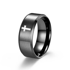 COLORFUL BLING 8MM Stainless Steel Simple Frosted Finish Christian Religious Cross Band Rings for Women Men Jesus Christ Lord Prayer Wedding Statement Jewelry-black6