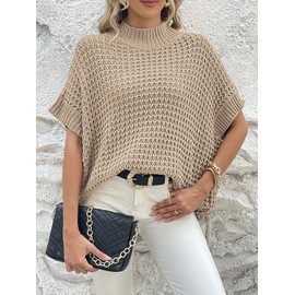 Pink Queen Women's Baggy Sweater Vest Casual Mock Neck Sleeveless Ribbed Oversized Knit Jumper Work Tops Apricot M