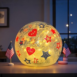 4th of July Decorations - 6 inchs Patriotic Star Globe Night Light with Timer, Independence Day Star Crackle Glass Balls for Table Memorial Day Lighted Decorative Ball Lamp Tabletop LED Light Decor