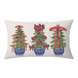 NUTEEN Pink Christmas Tree Merry Christmas Throw Pillow Cover, 12 x 20 Inch Pink Chinoiserie Christmas Watercolor Green Cushion Case Decoration for Sofa Couch