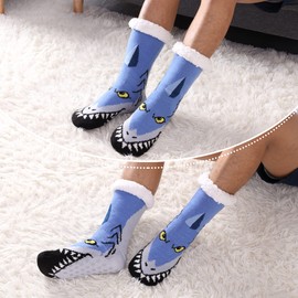 LINEMIN Mens Warm Slipper Socks Soft Cozy Fuzzy Fleece-Lined Winter Non Slip Indoor Christmas Socks (Shark Blue)