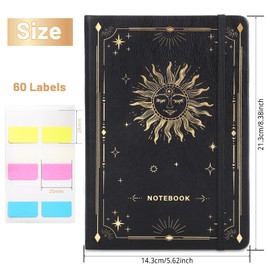 Thboxes Lined Journal Notebook, A5 Leather Journals for Women Men Gifts Office School with Elastic Closure Band, Includes 60 Labels, Hardcover, 200 Pages 100gsm Thick Paper, 21.5 X 14.5 cm-Black