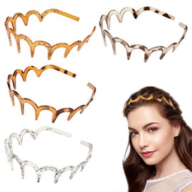 Pack of 4 Zigzag Headbands, Shark Tooth Hair Comb, Hard Headbands, Plastic Zigzag Headbands, Wavy (Tortoiseshell Brown, Tortoiseshell Grey, Snake Pattern Grey, Snake Pattern Coffee, 14 cm)