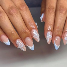 MERVF Almond Press on Nails Medium Fake Nail Blue French Tip Glue ons Flower Design Stiletto Pearls Art Acrylic Summer Manicure Glossy 24pcs