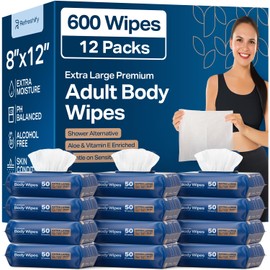 XL Aloe Vera Shower Body Wipes for Adults 8" x 12" (600 count) + 12 Travel Packs | Adult Wipes for Elderly, Bathing No Rinse, Vitamin E