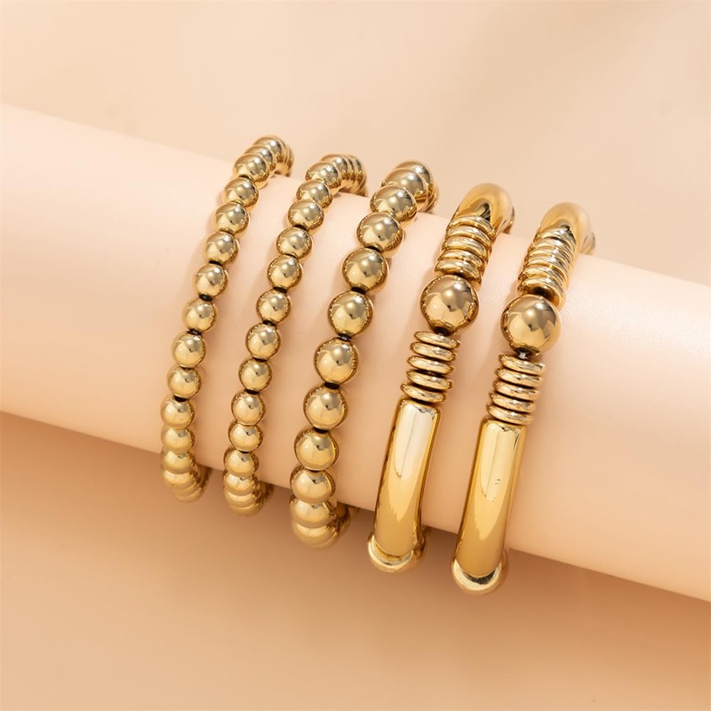LXSSLY 5Pcs Gold Bangles Bracelets Set for Women,14K Gold Plated