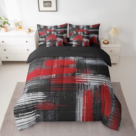 Feelyou Red Black, Grey Comforter Set with Sheets Queen Size, Abstract Graffiti Art 7 Piece Bedding Set for Kids Modern Brush Design Bed Set Includes Comforter, Sheet Set, Pillowcases & Pillow Covers