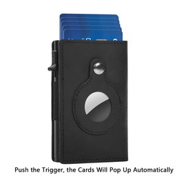 Slim Wallet for AirTag Genuine Leather RFID Credit Card Holder Automatic Pop up Wallet | Slim Design Multipurpose Accessory for AirTag Case for Men (Black Leather)…