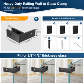 Gyykzz 1 Pack Matte Black Wall to Glass Clamp 90 Degrees Glass Railing Clamp Fit for 3/8"-1/2"(10mm-13mm) Thinkness Balustrade, F Shape T304 Railing Clips for Fence, Balcony Deck, Indoor & Outdoor