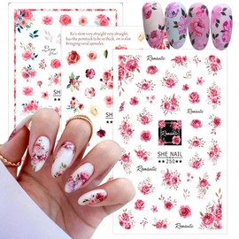 Flower Nail Art Stickers- 8 Sheets Valentines Rose Nail Decals Romantic Floret Design Spring Nail Stickers 3D Self-Adhesive Valentine's Day Nail Supplies for Women DIY Acrylic Manicure Tips Decoration