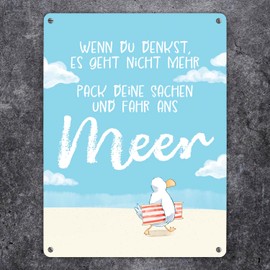 Seagull Metal Sign XL 21 x 28 cm with Saying "Fahr ans Meer Strandliebe Nordlicht - Dein Urlaub im Norden beginnt mit Meer-Feeling Zuhause [German Language]