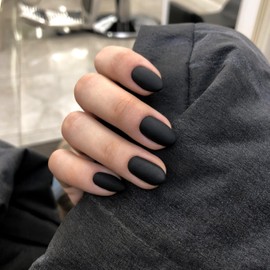 KQueenest Matte Black Press On Nails Short Oval Gel Fake Nails Round Acrylic Nails Press Ons Short Almond Nails Glue on Pure Color Stick On Nails For Women Girls Daily Wear, No Glue