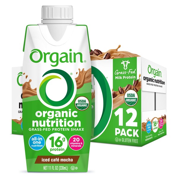 Orgain Organic Nutritional Protein Shake, Iced Cafe Mocha - 16g Grass Fed Whey Protein, Meal Replacement, 20 Vitamins & Minerals, Gluten Free, Soy Free, 11 Fl Oz (Pack of 12) (Packaging May Vary)