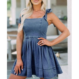 Women's Summer Tie Shoulder Sleeveless Denim Mini Dress Casual Flowy Swing Pleated Short Denim Dress (X-Small,Dark Blue)