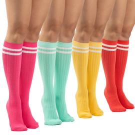 SERICI Knee High Socks | Womens Striped Cotton Knee High Tube Sock | Knee length Boot Socks (Citrus w Stripes)