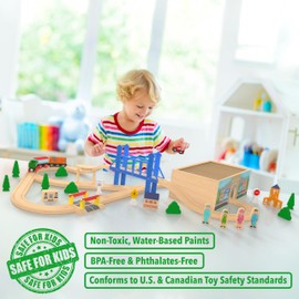 Wooden Train Set Deluxe 52 Pcs with Storage Gift Box Tunnel 9 Layouts Magnetic Trains STEM Montessori Toys Playset for Grandkids Toddler Boys Girls Kids 3+ compatible with Thomas Brio Melissa and Doug