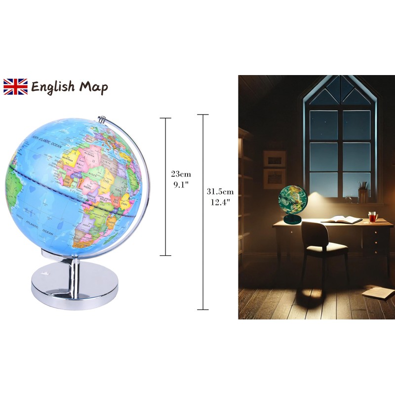 Exerz Illuminated World Globe 9.1-inch Diameter Metal Base - Political