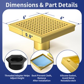 Bernkot Square Shower Drain 6", 304 Stainless Steel Floor Drain with Grid Drain Cover & Hair Strainer, Shower Drain w/CUPC Certified, Brushed Gold