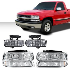 GRAND ORANGE 4Pcs Headlights 2Pcs Fog Lights Amber Reflector Compatible with Chevy 1999-2002 Silverado 1500 2500/2000-2006 Suburban Headlamps Tahoe Pickup Truck