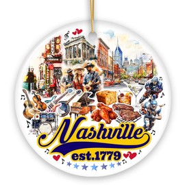 Rockin Nashville City Ceramic Art Ornament, Vintage Tennessee Souvenir and Christmas Decor (Circle)