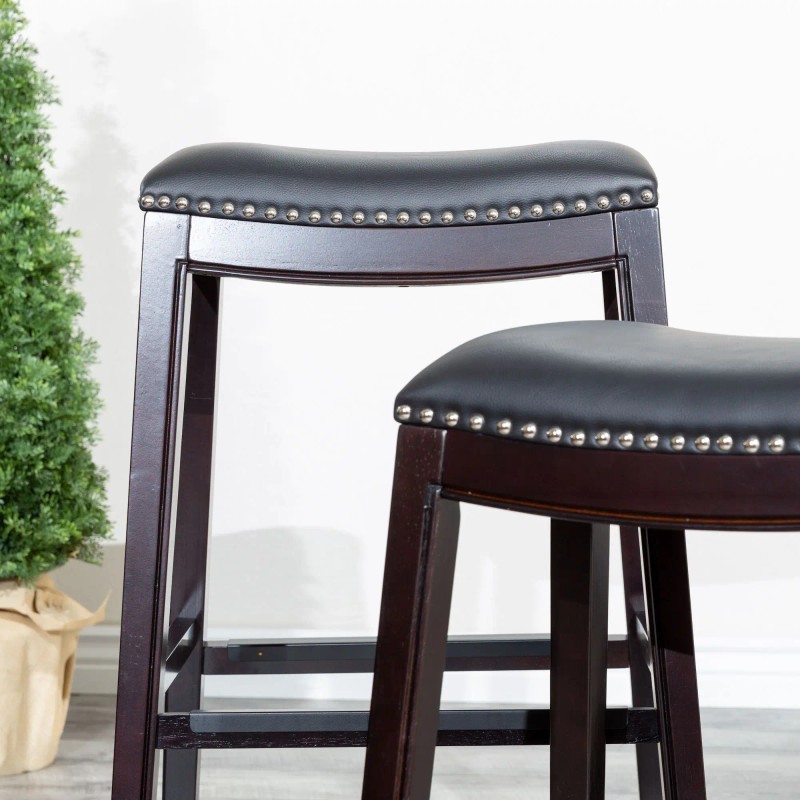 Bar Stool 24 Inch Espresso Finish Black Leather Seat Wood