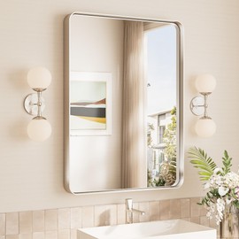 TokeShimi 24x32 Brushed Nickel Bathroom Wall Mirror Vanity Metal Frame Round Corner Rectangular for Home Decor Living Room Entryway (Horizontal/Vertical)
