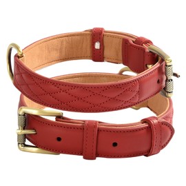 Beanspet Genuine Leather Dog Collar Quilted Design Antique Hardware 5 Colors 5 Sizes (Red, XL)