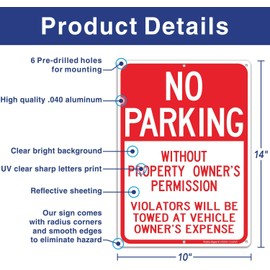 5 Pack No Parking Without Property Owner's Permission,Violators Will Be Towed at Vehicle Owner's Expense Sign,Reflective .40 Rust Free Aluminum 14 x 10,UV Protected,Weather Resistant,Waterproof