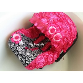 Rosy Kids Infant Carseat Canopy Cover 4pc Whole Caboodle, Baby Car Seat Cover Baby Blanket Outdoor Travelling Kit, 3D Rosette Fabric Hot Pink Damask Print