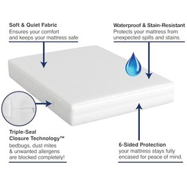 Protector de colchón todo en uno, funda con cremallera, resistente al agua y a las manchas, protección de triple sellado, Queen, color blanco