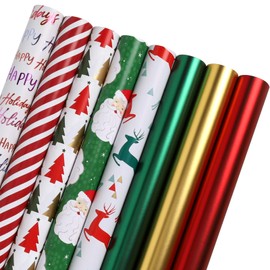 LaRibbons Christmas Wrapping Paper Rolls, 30Inch × 10Feet, 8 Rolls: 200 sq.ft.ttl, Reindeer/From Santa/Matte Red Green Classic Gift Wrapping Paper Bundle for Xmas, Holiday, Celebration, Season Party