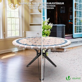 VOUNOT Round Tablecloth Covers Elastic Outdoor Picnic Waterproof Table Cover Ceramic Pattern 90-120cm