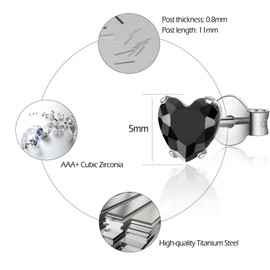 CERSLIMO Silver Earrings for Women Girls - 5mm Cubic Ziirconia Stud Earrings, Titanium Steel Hypoallergenic Earrings | Small Silver Heart Stud Earrings Cartilage Tragus Sleeper Earrings, Black