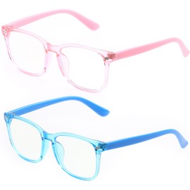 Teumire Kids Blue Light Blocking Glasses for Boys Girls Square Computer Gaming Unbreakable TR90 Eyeglasses 2 Pack(Pink+Blue)