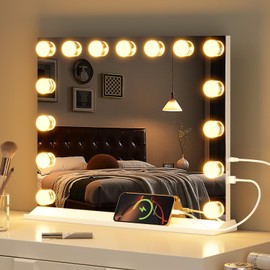 Memobarco Vanity Mirror with Lights, Makeup Mirror with USB/Type-C Charging, Large Hollywood Mirrors w/ 15 LED Bulbs & 5X Magnifier, LED Mirrors for Bedroom Tabletop & Wall Mounted