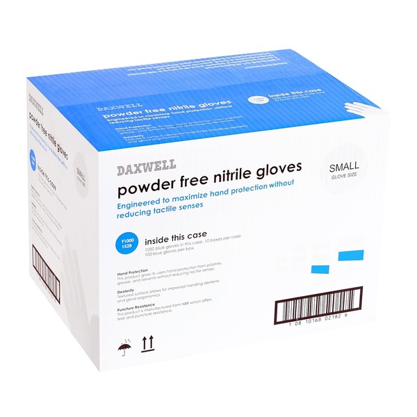 Daxwell Nitrile Gloves, Powder Free, Small, Blue, F10001528 (Case of