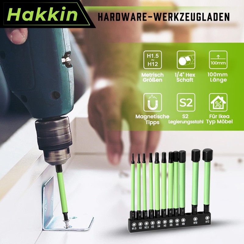 Hakkin 100 mm Hex Bits Set Long 11 Pieces Hex