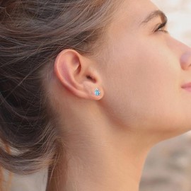 Tirafina Diamonds and Genuine Blue Topaz Stud Earrings, 3 Round Shaped Diamonds Set Above a Genuine Blue topaz, 3 Natural Round Diamond Stones, 14K White Gold, 4.5mm Stone