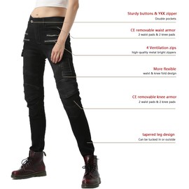 LOMENG LOMENG Women Motorcycle Riding Pants Motocross Cycling Jeans Slim Stretch Pants CE Knee Hip Removable Armored Black EU28