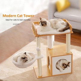 Heybly Modern Cat Tree, Wooden Cat Tower with 3 Scratching Posts, Cat Condo for Indoor Cats with Wood Cat Cave, Plush Perch, Basket, Pompom, Walnut HCT007SWB