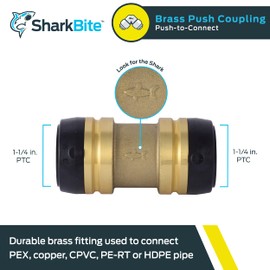 SharkBite 1-1/4 Inch Coupling, Push to Connect Brass Plumbing Fitting, PEX Pipe, Copper, CPVC, PE-RT, HDPE, UXL0135