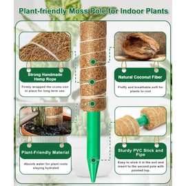 EAONE Moss Pole 126 Inch, 6 Pack 21" Monstera Plant Support for Climbing Potted Live Plants Indoor, Stackable Coco Coir Moss Sticks Monstera Stakes for Pothos Philodendron, with Garden Labels & Ties