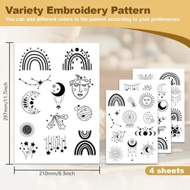 DOODLREAM 47Pcs Sun Stars Moon 4 Sheets Water Soluble Embroidery Pattern Stabilizers, Stick and Stitch Embroidery Stickers, Hand Sewing DIY Sun Stars Moon Embroidery Papers