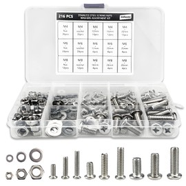 216Pcs Bolts and Nuts Washer Set,Stainless Steel Screws Nuts Washers Assortment Kit Stainless Steel Screws and Nuts Washers with Plastic Box,M4 M6 M8(Silver)